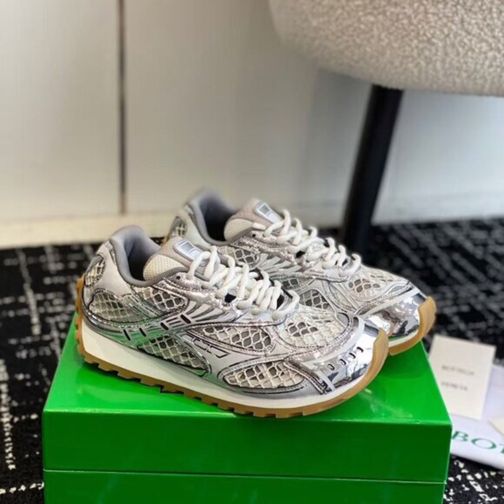 Bottega Veneta Metallic Silver Lace-Up Sneakers with Gum Sole